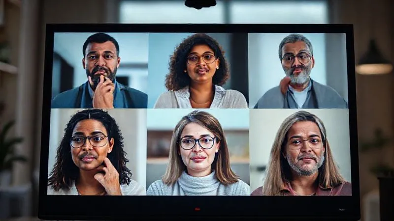 A photorealistic, professional photography, 8K, cinematic lighting, sharp focus, depth of field shot of four diverse individuals on a video conference call, each with a thoughtful, engaged expression. The screen shows their faces arranged in a grid, with a subtle glow around each participant, symbolizing connection and respectful dialogue. The background is blurred modern home office environments.
