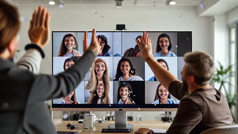 A photorealistic, professional photography, 8K, cinematic lighting, sharp focus, depth of field shot of diverse remote team members virtually high-fiving and smiling on a video call. The screen shows a grid of happy faces, with subtle confetti effects in the background of each participant's screen, symbolizing successful collaboration and celebration. The setting is bright, modern home offices.