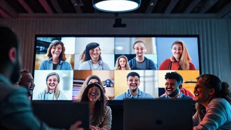 A photorealistic, professional photography, 8K, cinematic lighting, sharp focus, depth of field shot of a diverse group of remote team members laughing and interacting during a virtual social event. The screen displays their smiling faces in a dynamic grid, with playful virtual backgrounds. The atmosphere is lighthearted and genuinely connected, symbolizing successful team bonding online.