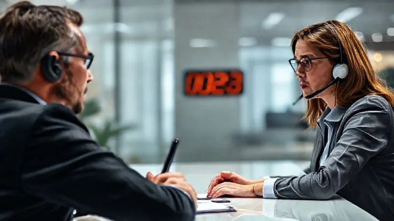 photorealistic, professional photography, 8K, cinematic lighting, sharp focus, depth of field, shot on a high-end DSLR. A customer service representative, with an empathetic and focused expression, actively listening to a visibly frustrated customer across a clean, modern desk. The representative is holding a pen, poised to take notes, and a digital clock in the background shows a very short elapsed time since the interaction began. The scene conveys urgency and genuine concern.