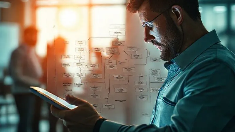 A photorealistic image of a project manager analyzing a complex flowchart on a digital tablet, illuminated by a warm, focused light, with blurred team members collaborating in the background. The flowchart shows interconnected tasks and potential failure points. Professional photography, 8K, cinematic lighting, sharp focus, depth of field.