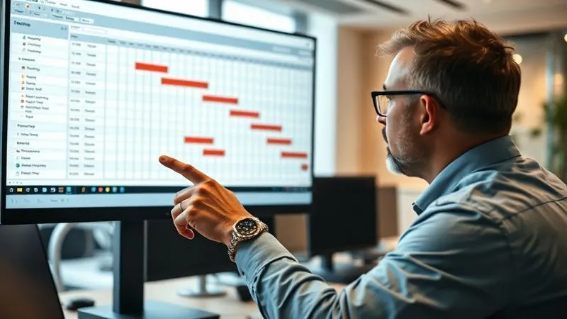A photorealistic image of a project manager intently pointing at a large, complex Gantt chart displayed on a screen, with critical path highlighted in red. The background shows a modern office environment, slightly blurred. Professional photography, 8K, cinematic lighting, sharp focus, depth of field.