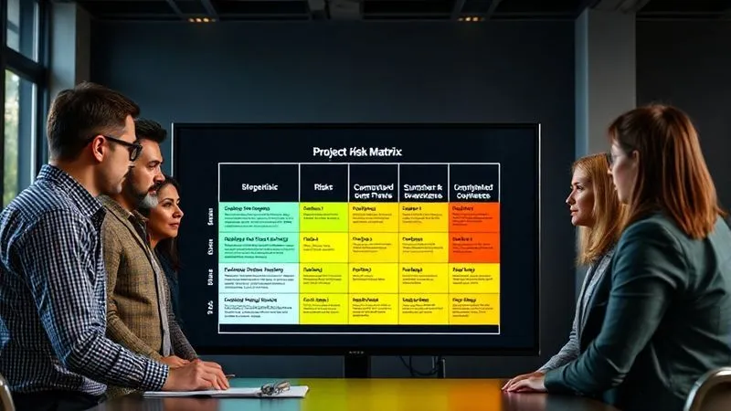 A photorealistic image of a project risk matrix displayed on a large monitor, with green, yellow, and red zones indicating risk levels. A diverse team is gathered around, discussing the matrix with serious expressions, showcasing collaborative problem-solving. Professional photography, 8K, cinematic lighting, sharp focus, depth of field.