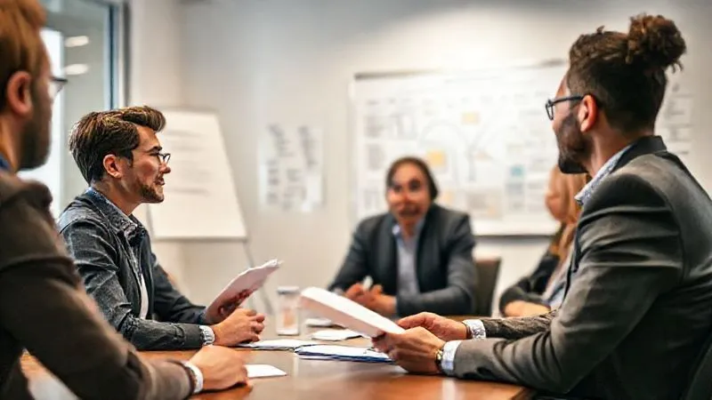 Photorealistic image of a diverse group of professionals in a modern, well-lit meeting room, engaged in a customer feedback session. One person is actively listening and taking notes, while another speaks animatedly. Whiteboard in the background with user journey maps. Professional photography, 8K, cinematic lighting, sharp focus on the group, depth of field blurring the background, shot on a high-end DSLR. Photorealistic image of a diverse group of professionals in a modern, well-lit meeting room, engaged in a customer feedback session. One person is actively listening and taking notes, while another speaks animatedly. Whiteboard in the background with user journey maps. Professional photography, 8K, cinematic lighting, sharp focus on the group, depth of field blurring the background, shot on a high-end DSLR.