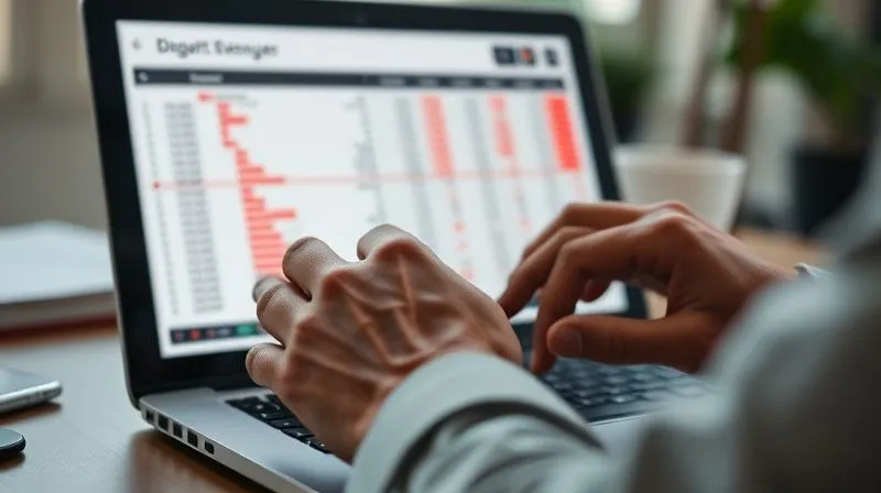 A photorealistic image of a project manager's hands hovering over a spreadsheet on a laptop screen, with red highlights indicating budget overruns, a focused and slightly stressed expression on the manager's face, cinematic lighting, sharp focus on the screen, depth of field blurring the background, 8K hyper-detailed, professional photography.