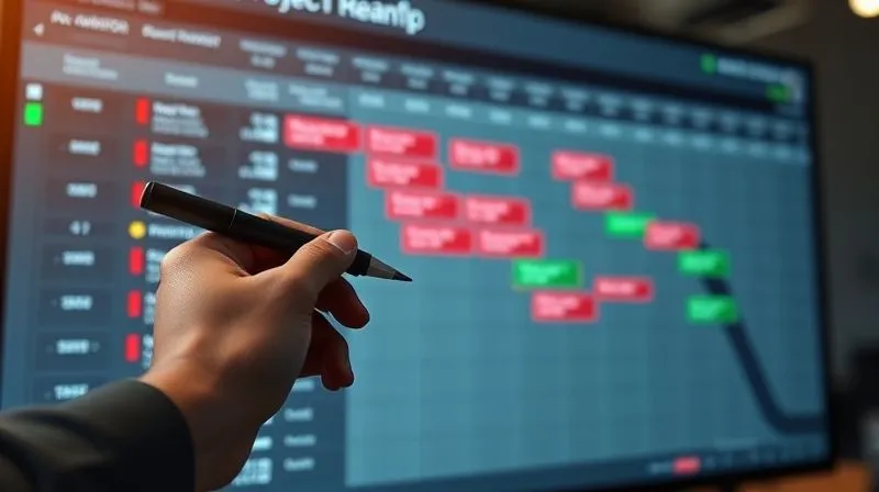 A photorealistic image of a project roadmap or Gantt chart on a large monitor, with several tasks highlighted in red for 'over budget' and green for 'on track', a hand holding a pen making revisions, representing rebaselining, cinematic lighting, sharp focus on the chart, depth of field blurring the background, 8K hyper-detailed, professional photography.