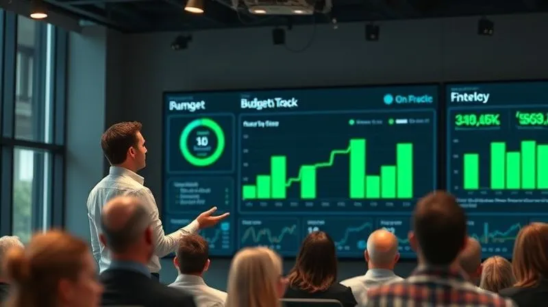 A photorealistic image of a project manager presenting a clear, green-themed financial dashboard on a large screen, showing 'Budget On Track' and positive performance metrics, with a confident and engaged audience, cinematic lighting, sharp focus on the dashboard, depth of field blurring the background, 8K hyper-detailed, professional photography.