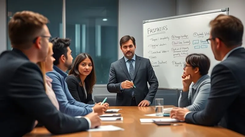 photorealistic, professional photography, 8K, cinematic lighting, sharp focus, depth of field, shot on a high-end DSLR. A project manager, male or female, calmly and professionally addressing a diverse group of stakeholders in a modern conference room. The atmosphere is serious but constructive, with the project manager holding a marker and gesturing towards a whiteboard with initial notes, conveying leadership in a difficult situation. photorealistic, professional photography, 8K, cinematic lighting, sharp focus, depth of field, shot on a high-end DSLR. A project manager, male or female, calmly and professionally addressing a diverse group of stakeholders in a modern conference room. The atmosphere is serious but constructive, with the project manager holding a marker and gesturing towards a whiteboard with initial notes, conveying leadership in a difficult situation.