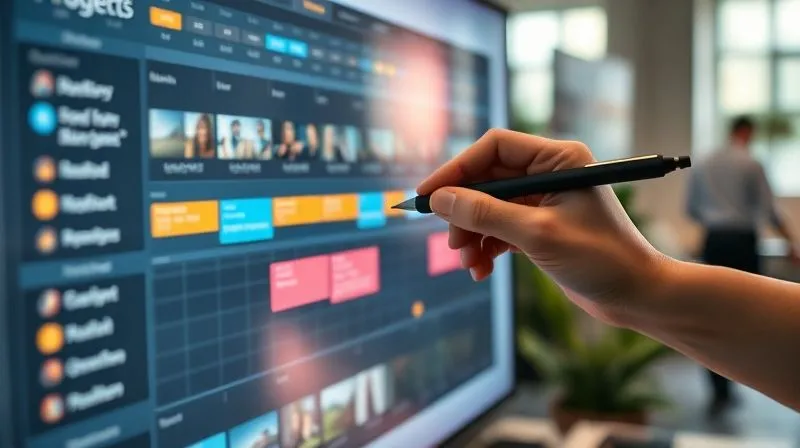 photorealistic, professional photography, 8K, cinematic lighting, sharp focus, depth of field, shot on a high-end DSLR. A detailed project timeline on a large monitor, with specific sections highlighted and being carefully adjusted by a hand holding a digital pen. The background is slightly blurred, suggesting a busy but focused office environment. photorealistic, professional photography, 8K, cinematic lighting, sharp focus, depth of field, shot on a high-end DSLR. A detailed project timeline on a large monitor, with specific sections highlighted and being carefully adjusted by a hand holding a digital pen. The background is slightly blurred, suggesting a busy but focused office environment.