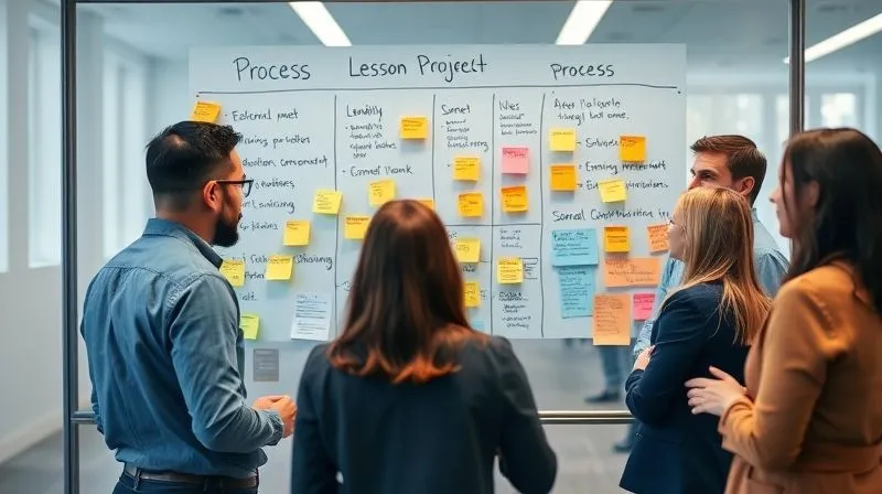 photorealistic, professional photography, 8K, cinematic lighting, sharp focus, depth of field, shot on a high-end DSLR. A diverse team of project professionals collaboratively brainstorming around a large glass whiteboard, filled with colorful sticky notes and diagrams, depicting ideas for process improvement and lessons learned. The mood is constructive and forward-looking. photorealistic, professional photography, 8K, cinematic lighting, sharp focus, depth of field, shot on a high-end DSLR. A diverse team of project professionals collaboratively brainstorming around a large glass whiteboard, filled with colorful sticky notes and diagrams, depicting ideas for process improvement and lessons learned. The mood is constructive and forward-looking.
