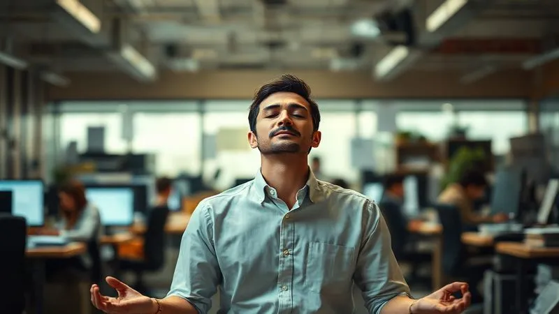 A photorealistic image of a person meditating calmly amidst a chaotic, blurred background of office work, symbolizing mental detachment and finding inner peace after professional stress, 8K, cinematic lighting, sharp focus on the person, depth of field, shot on a high-end DSLR.