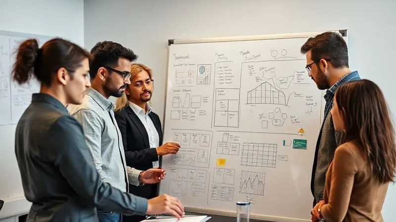 A photorealistic image of a diverse team of professionals collaborating around a whiteboard, meticulously analyzing data and brainstorming solutions. The atmosphere is focused and constructive, with diagrams and notes on the board. Emphasize problem-solving and collective learning, 8K, cinematic lighting, sharp focus, depth of field, shot on a high-end DSLR.