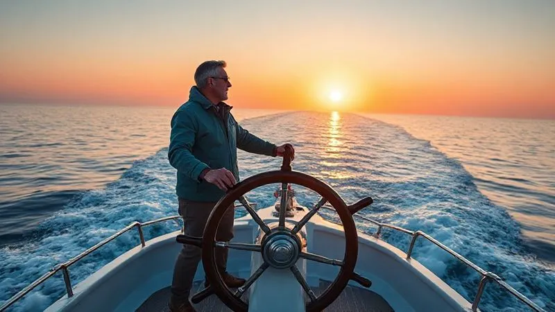 A photorealistic image of a leader standing confidently at the helm of a ship, navigating through calm but purposeful waters towards a clear horizon. The sun is rising, casting a warm glow. Emphasize renewed purpose, control, and optimism, 8K, cinematic lighting, sharp focus on the leader, depth of field, shot on a high-end DSLR.