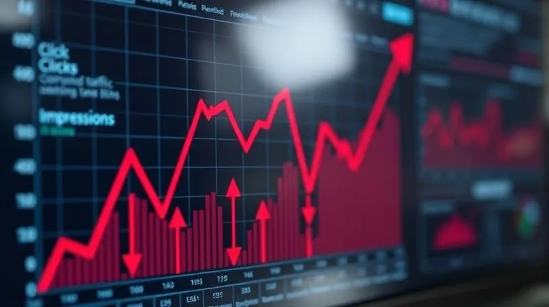 photorealistic, professional photography, 8K, cinematic lighting, sharp focus, depth of field, shot on a high-end DSLR, a digital dashboard showing a prominent red downward trend line on a graph, symbolizing a sharp drop in organic traffic. Several red arrows are pointing downwards on key metrics like 'Clicks' and 'Impressions'. The screen is slightly blurred in the background, with a focused foreground on the alarming data, evoking a sense of urgency and concern. photorealistic, professional photography, 8K, cinematic lighting, sharp focus, depth of field, shot on a high-end DSLR, a digital dashboard showing a prominent red downward trend line on a graph, symbolizing a sharp drop in organic traffic. Several red arrows are pointing downwards on key metrics like 'Clicks' and 'Impressions'. The screen is slightly blurred in the background, with a focused foreground on the alarming data, evoking a sense of urgency and concern.