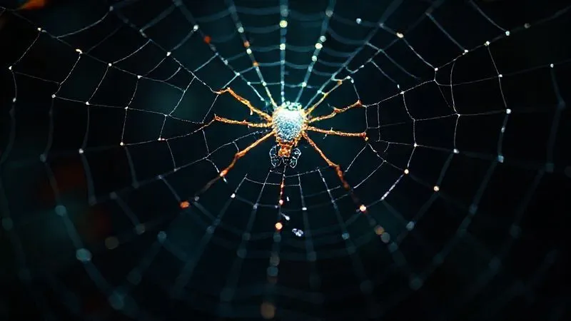 photorealistic, professional photography, 8K, cinematic lighting, sharp focus, depth of field, shot on a high-end DSLR, a spiderweb with some strong, glowing threads representing healthy backlinks, and other brittle, decaying threads representing toxic backlinks, with a central node glowing brightly, symbolizing a healthy website.