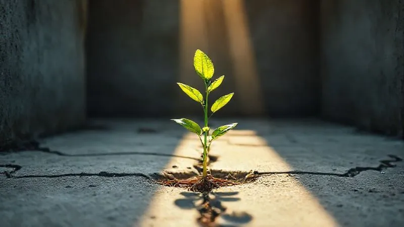 photorealistic, professional photography, 8K, cinematic lighting, sharp focus, depth of field, shot on a high-end DSLR, a single, resilient green plant with deep roots, pushing through cracks in concrete, with sunlight streaming down, symbolizing growth and recovery despite adversity.