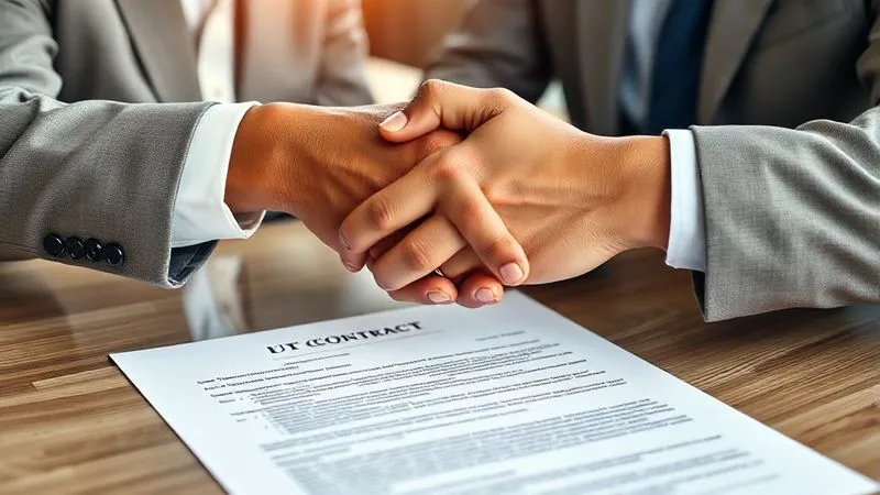A photorealistic image of two diverse business professionals, one from a vendor company and one from a client company, shaking hands over a contract document, with a strong focus on the contract, showing clear, bold clauses. Cinematic lighting, professional photography, 8K, sharp focus, depth of field, shot on a high-end DSLR. A photorealistic image of two diverse business professionals, one from a vendor company and one from a client company, shaking hands over a contract document, with a strong focus on the contract, showing clear, bold clauses. Cinematic lighting, professional photography, 8K, sharp focus, depth of field, shot on a high-end DSLR.