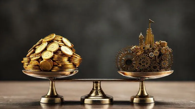 A photorealistic image of a perfectly balanced scale, with one side showing a cluster of gold coins (representing high-potential accounts) and the other side showing a complex network of gears and a small map (representing workload and effort), all in perfect equilibrium. Cinematic lighting, sharp focus, depth of field, 8K hyper-detailed.