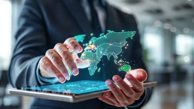 A photorealistic, professional photography, 8K, cinematic lighting, sharp focus, depth of field, shot on a high-end DSLR image of a salesperson’s hands interacting with a holographic, glowing 3D map projected from a tablet. The map shows various colored regions and data points, symbolizing advanced territory mapping technology. Blurred modern office background.
