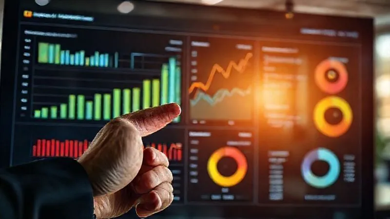 A photorealistic, professional photography, 8K, cinematic lighting, sharp focus, depth of field, shot on a high-end DSLR image of a dynamic digital dashboard displaying various sales KPIs: bar charts showing territory performance, line graphs for quota attainment over time, and pie charts for new account acquisition. A finger points to an upward trend. The background is a modern, blurred office with warm, inviting light.