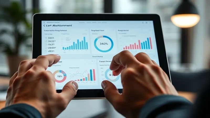 A photorealistic shot of a data analyst's hands hovering over a tablet displaying complex e-commerce analytics dashboards with graphs and charts related to cart abandonment. Professional office setting, soft backlighting, sharp focus on the tablet screen. 8K hyper-detailed. A photorealistic shot of a data analyst's hands hovering over a tablet displaying complex e-commerce analytics dashboards with graphs and charts related to cart abandonment. Professional office setting, soft backlighting, sharp focus on the tablet screen. 8K hyper-detailed.