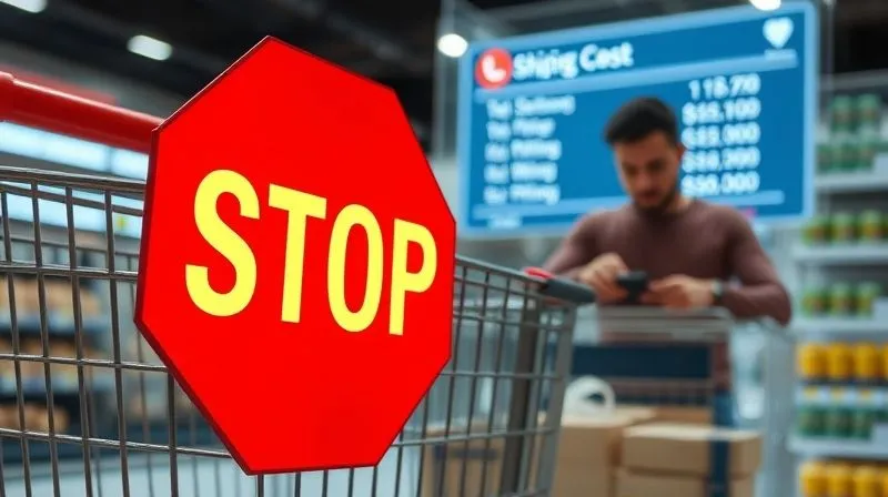 photorealistic, professional photography, 8K, cinematic lighting, sharp focus, depth of field, shot on a high-end DSLR of a shopping cart with a large, glowing red 'STOP' sign superimposed over it, in the background a frustrated customer looking at a checkout screen with an exaggeratedly high shipping cost displayed. The scene should convey surprise and disappointment.