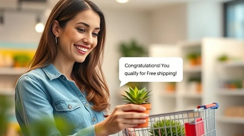 photorealistic, professional photography, 8K, cinematic lighting, sharp focus, depth of field, shot on a high-end DSLR of a smiling woman adding an extra small plant pot to her online shopping cart, with a notification bubble showing 'Congratulations! You qualify for Free Shipping!' The background is a bright, airy e-commerce website interface. photorealistic, professional photography, 8K, cinematic lighting, sharp focus, depth of field, shot on a high-end DSLR of a smiling woman adding an extra small plant pot to her online shopping cart, with a notification bubble showing 'Congratulations! You qualify for Free Shipping!' The background is a bright, airy e-commerce website interface.