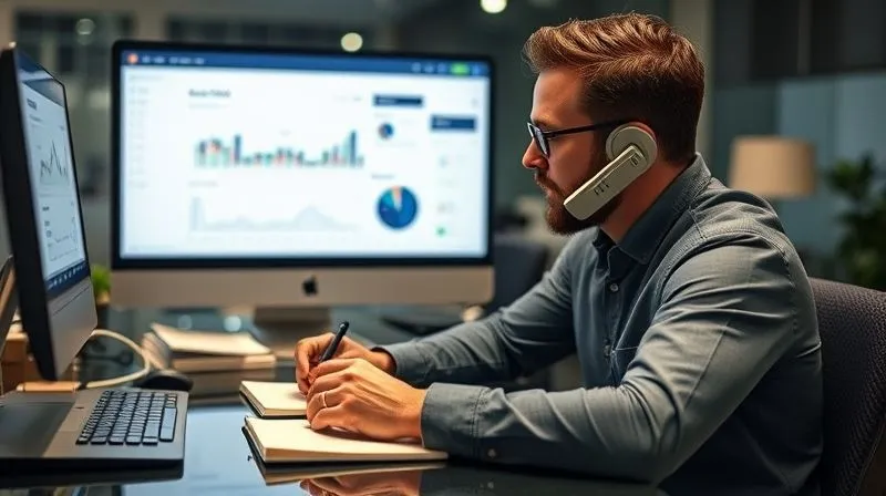A photorealistic image of a salesperson sitting at their desk, looking thoughtful and making notes in a notebook after a phone call, with a CRM dashboard visible on a monitor in the background. The atmosphere is reflective and focused. Professional photography, 8K, cinematic lighting, sharp focus on the salesperson and notebook, depth of field, shot on a high-end DSLR. A photorealistic image of a salesperson sitting at their desk, looking thoughtful and making notes in a notebook after a phone call, with a CRM dashboard visible on a monitor in the background. The atmosphere is reflective and focused. Professional photography, 8K, cinematic lighting, sharp focus on the salesperson and notebook, depth of field, shot on a high-end DSLR.