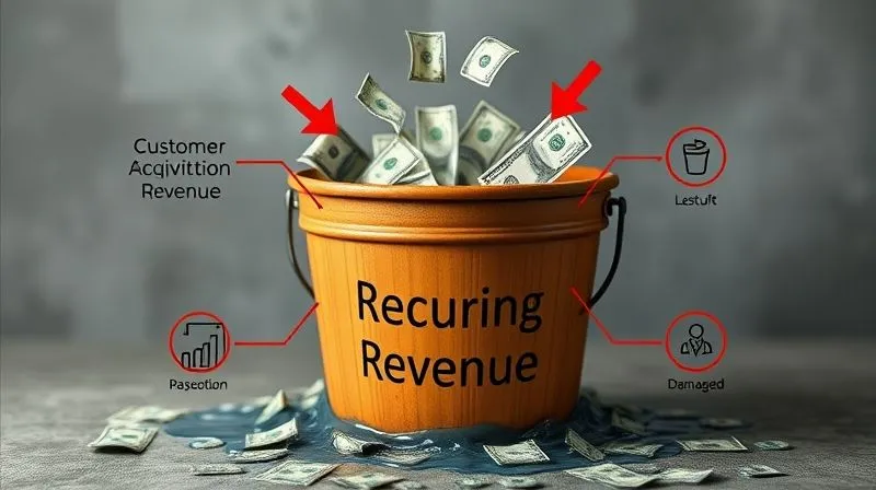 A photorealistic infographic showing a simplified financial model with money flowing into a leaky bucket, representing lost recurring revenue due to customer churn. The bucket is labeled 'Recurring Revenue', and water is visibly spilling out from cracks, with red arrows indicating the loss. Surrounding the bucket are smaller, linked icons representing 'Customer Acquisition Costs', 'Lost Lifetime Value', and 'Damaged Brand Reputation', all subtly diminishing. Professional photography, 8K, cinematic lighting, sharp focus, depth of field, shot on a high-end DSLR.