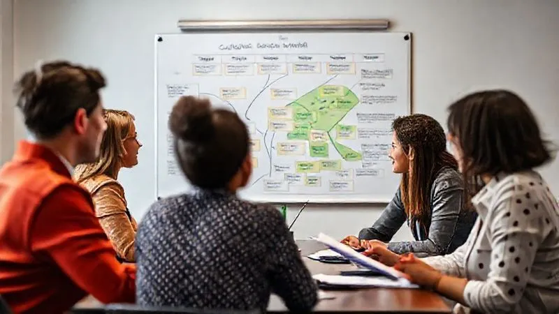 A photorealistic image of a diverse group of people (representing customers) in a collaborative meeting setting, providing feedback to a team of business professionals who are actively listening and taking notes. A whiteboard in the background shows a 'Customer Journey Map' with feedback points highlighted. Professional photography, 8K, cinematic lighting, sharp focus on the interaction, depth of field blurring the background, shot on a high-end DSLR, conveying active listening and empathy.