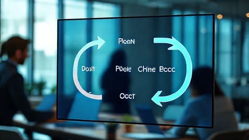 A photorealistic image of a continuous improvement loop diagram, with arrows flowing through 'Plan, Do, Check, Act' phases. The diagram is sleek and modern, displayed on a digital screen in a collaborative workspace. Professional photography, 8K, cinematic lighting, sharp focus on the diagram, depth of field blurring the background, shot on a high-end DSLR, symbolizing ongoing growth and refinement.