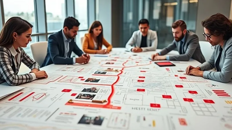 A detailed, photorealistic customer journey map laid out on a modern conference table, with glowing red markers highlighting significant pain points, and a focused, diverse team of business professionals collaboratively analyzing it. 8K, cinematic lighting, sharp focus on the map and team, depth of field blurring the background, shot on a high-end DSLR. A detailed, photorealistic customer journey map laid out on a modern conference table, with glowing red markers highlighting significant pain points, and a focused, diverse team of business professionals collaboratively analyzing it. 8K, cinematic lighting, sharp focus on the map and team, depth of field blurring the background, shot on a high-end DSLR.