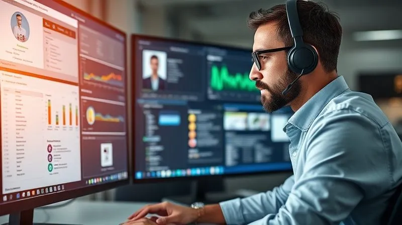 A professional customer service agent, wearing a headset, calmly and efficiently assisting a customer on a multi-screen setup. The screens display integrated customer data, interaction history, and knowledge base articles, all flowing seamlessly. The agent's posture is confident and focused. 8K, cinematic lighting, sharp focus on the agent and screens, depth of field blurring the background, shot on a high-end DSLR. A professional customer service agent, wearing a headset, calmly and efficiently assisting a customer on a multi-screen setup. The screens display integrated customer data, interaction history, and knowledge base articles, all flowing seamlessly. The agent's posture is confident and focused. 8K, cinematic lighting, sharp focus on the agent and screens, depth of field blurring the background, shot on a high-end DSLR.