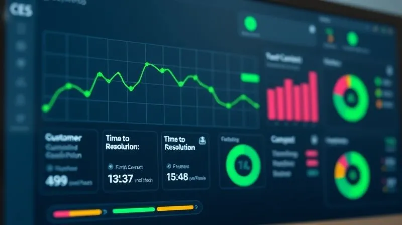 A sleek, modern data analytics dashboard displaying customer effort score (CES) trends over time. The graph shows a clear downward trend, with prominent green downward arrows indicating significant improvement. Various widgets display key metrics like 'Time to Resolution' and 'First Contact Resolution Rate', all showing positive changes. The interface is clean and professional. 8K, cinematic lighting, sharp focus on the dashboard, depth of field blurring the background, shot on a high-end DSLR. A sleek, modern data analytics dashboard displaying customer effort score (CES) trends over time. The graph shows a clear downward trend, with prominent green downward arrows indicating significant improvement. Various widgets display key metrics like 'Time to Resolution' and 'First Contact Resolution Rate', all showing positive changes. The interface is clean and professional. 8K, cinematic lighting, sharp focus on the dashboard, depth of field blurring the background, shot on a high-end DSLR.
