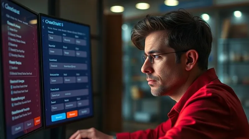 A photorealistic, professional photography, 8K, cinematic lighting, sharp focus, depth of field, shot on a high-end DSLR, depicting a complex, multi-step online checkout form with many required fields and a frustrated user looking at the screen, representing checkout friction.