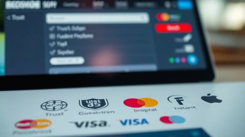 A photorealistic, professional photography, 8K, cinematic lighting, sharp focus, depth of field, shot on a high-end DSLR, depicting a website's footer or checkout page with various trust badges, security icons, and payment method logos prominently displayed, conveying a sense of digital security and reliability.