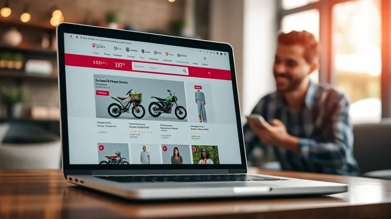 A photorealistic, professional photography, 8K, cinematic lighting, sharp focus, depth of field, shot on a high-end DSLR, depicting a personalized e-commerce product page on a laptop screen, showing dynamic product recommendations tailored to a user's browsing history, with a happy customer in the background interacting with the site.