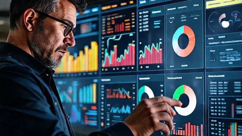 A photorealistic image of a data analyst meticulously examining a complex dashboard filled with live chat metrics, including bar charts for wait times, line graphs for abandonment rates, and pie charts for common query types. The analyst is using a stylus on a large transparent screen, with a thoughtful expression. Professional photography, 8K, cinematic lighting, sharp focus on the data and analyst's face, depth of field, shot on a high-end DSLR. A photorealistic image of a data analyst meticulously examining a complex dashboard filled with live chat metrics, including bar charts for wait times, line graphs for abandonment rates, and pie charts for common query types. The analyst is using a stylus on a large transparent screen, with a thoughtful expression. Professional photography, 8K, cinematic lighting, sharp focus on the data and analyst's face, depth of field, shot on a high-end DSLR.