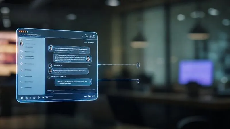 A photorealistic image of a seamless digital interface showing a customer's chat window on one side and an agent's knowledge base on the other, with a smooth, intuitive drag-and-drop or quick-search functionality connecting them. The interface is clean, modern, and visually appealing, with a subtle glow around the active chat. Professional photography, 8K, cinematic lighting, sharp focus on the interface elements, depth of field, shot on a high-end DSLR. A photorealistic image of a seamless digital interface showing a customer's chat window on one side and an agent's knowledge base on the other, with a smooth, intuitive drag-and-drop or quick-search functionality connecting them. The interface is clean, modern, and visually appealing, with a subtle glow around the active chat. Professional photography, 8K, cinematic lighting, sharp focus on the interface elements, depth of field, shot on a high-end DSLR.