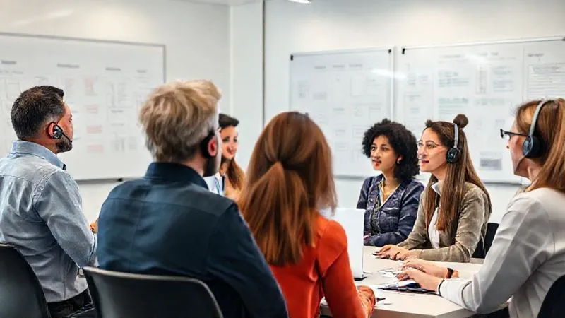 A photorealistic image of a diverse group of customer support agents engaged in an interactive training session, with a mentor figure leading a discussion on best practices for handling complex customer queries. They are in a modern, brightly lit training room, with whiteboards displaying flowcharts and key communication points. Professional photography, 8K, cinematic lighting, sharp focus on the agents' engaged expressions, depth of field, shot on a high-end DSLR. A photorealistic image of a diverse group of customer support agents engaged in an interactive training session, with a mentor figure leading a discussion on best practices for handling complex customer queries. They are in a modern, brightly lit training room, with whiteboards displaying flowcharts and key communication points. Professional photography, 8K, cinematic lighting, sharp focus on the agents' engaged expressions, depth of field, shot on a high-end DSLR.