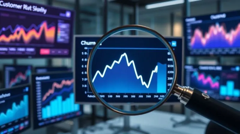 photorealistic, professional photography, 8K, cinematic lighting, sharp focus, depth of field, shot on a high-end DSLR. A detailed, glowing data visualization dashboard showing various customer churn metrics (like retention rate, repeat purchase rate, customer lifetime value) on multiple screens in a modern, minimalistic office setting. The focus is on a central screen displaying a downward trend line for churn, with a magnifying glass hovering over it, suggesting deep analysis. photorealistic, professional photography, 8K, cinematic lighting, sharp focus, depth of field, shot on a high-end DSLR. A detailed, glowing data visualization dashboard showing various customer churn metrics (like retention rate, repeat purchase rate, customer lifetime value) on multiple screens in a modern, minimalistic office setting. The focus is on a central screen displaying a downward trend line for churn, with a magnifying glass hovering over it, suggesting deep analysis.
