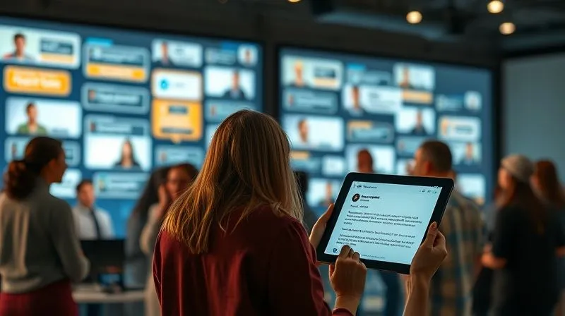 photorealistic, professional photography, 8K, cinematic lighting, sharp focus, depth of field, shot on a high-end DSLR. A diverse group of people engaged in a virtual community forum on a large screen, with speech bubbles showing various topics. In the foreground, a person is looking at a tablet displaying a personalized email, all bathed in soft, inviting light. This image represents personalized communication and community building. photorealistic, professional photography, 8K, cinematic lighting, sharp focus, depth of field, shot on a high-end DSLR. A diverse group of people engaged in a virtual community forum on a large screen, with speech bubbles showing various topics. In the foreground, a person is looking at a tablet displaying a personalized email, all bathed in soft, inviting light. This image represents personalized communication and community building.
