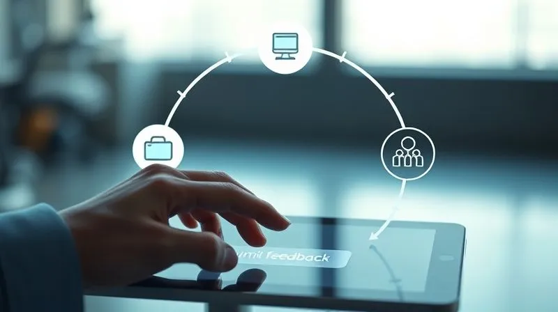 photorealistic, professional photography, 8K, cinematic lighting, sharp focus, depth of field, shot on a high-end DSLR. A continuous feedback loop represented by a circular flow chart on a digital interface. Icons for 'Collect', 'Analyze', 'Act', and 'Communicate' are interconnected, with data flowing seamlessly between them. A hand is poised over a 'submit feedback' button on a tablet, symbolizing the starting point of the loop. photorealistic, professional photography, 8K, cinematic lighting, sharp focus, depth of field, shot on a high-end DSLR. A continuous feedback loop represented by a circular flow chart on a digital interface. Icons for 'Collect', 'Analyze', 'Act', and 'Communicate' are interconnected, with data flowing seamlessly between them. A hand is poised over a 'submit feedback' button on a tablet, symbolizing the starting point of the loop.