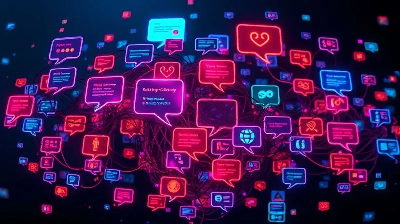 A photorealistic image of a complex, tangled knot of glowing digital chat bubbles and customer support icons, symbolizing the challenges of managing online chat. The foreground is sharp, with a sense of frustration, 8K, cinematic lighting. A photorealistic image of a complex, tangled knot of glowing digital chat bubbles and customer support icons, symbolizing the challenges of managing online chat. The foreground is sharp, with a sense of frustration, 8K, cinematic lighting.
