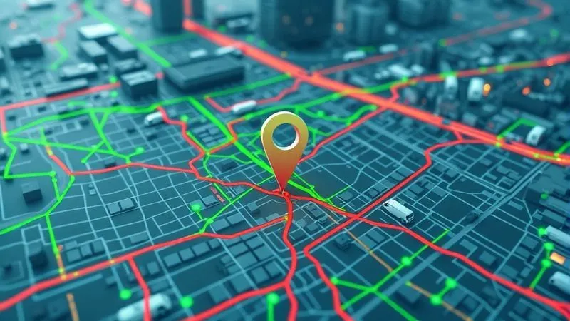 A photorealistic animated map showing optimized delivery routes for multiple vans in a city grid, with green lines representing efficiency and red lines representing congestion. A GPS pin icon is prominent. Cinematic lighting, sharp focus on the map, depth of field blurring a city background, 8K hyper-detailed, shot on a high-end DSLR. A photorealistic animated map showing optimized delivery routes for multiple vans in a city grid, with green lines representing efficiency and red lines representing congestion. A GPS pin icon is prominent. Cinematic lighting, sharp focus on the map, depth of field blurring a city background, 8K hyper-detailed, shot on a high-end DSLR.