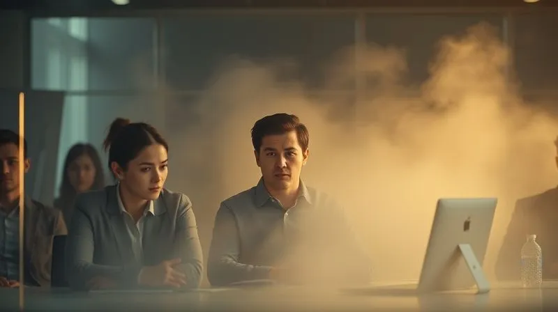 photorealistic, professional photography, 8K, cinematic lighting, sharp focus, depth of field, shot on a high-end DSLR, a metaphor of a workplace environment where individual figures are isolated by subtle, invisible barriers, their expressions conveying a sense of muted frustration and silence, while a faint, oppressive haze hangs over the scene, contrasting with the potential for collaboration. The scene should evoke a feeling of unspoken tension and disconnection.
