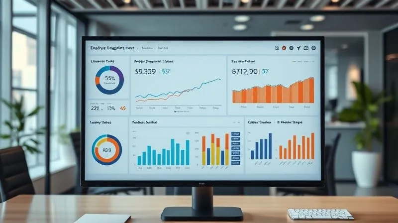 photorealistic, professional photography, 8K, cinematic lighting, sharp focus, depth of field, shot on a high-end DSLR, a sophisticated data dashboard displaying various HR metrics like employee engagement scores, turnover rates, and feedback sentiment, presented on a sleek, modern screen within a professional office setting. The data visualizations are clear and actionable, with upward trending lines and positive indicators, symbolizing successful culture improvement.