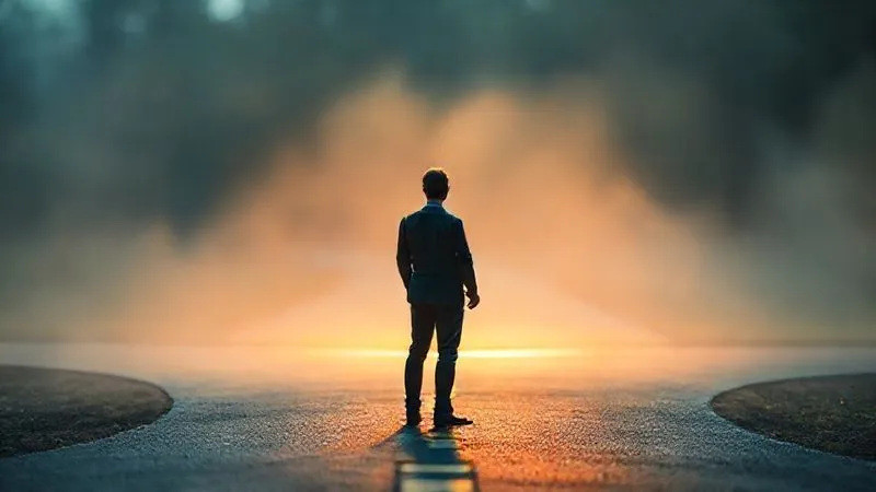 photorealistic, professional photography, 8K, cinematic lighting, sharp focus, depth of field, shot on a high-end DSLR. A single, slightly blurred figure standing hesitant at a crossroads, with one path brightly lit and the other shrouded in mist, symbolizing fear of the unknown in organizational change. The figure's posture conveys uncertainty.