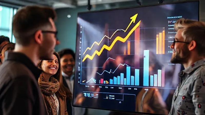 photorealistic, professional photography, 8K, cinematic lighting, sharp focus, depth of field, shot on a high-end DSLR. A vibrant, clear infographic on a digital display showing upward trending arrows and positive metrics, being observed by a diverse group of smiling, engaged employees. The atmosphere is one of shared achievement and optimism.