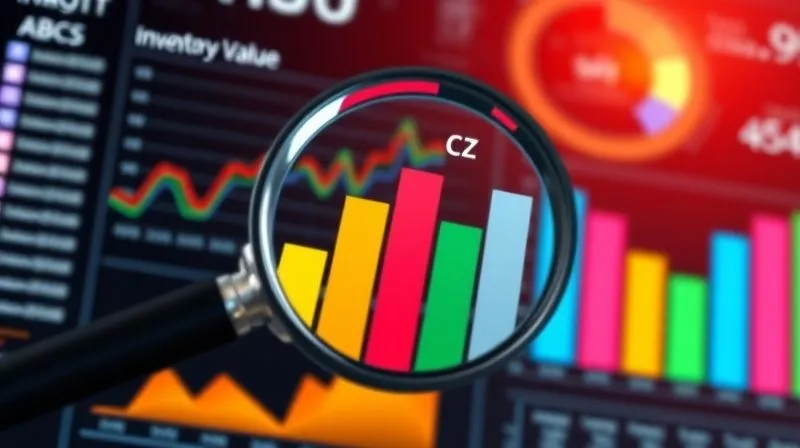 A photorealistic 3D infographic with vibrant, segmented bar charts showing inventory value distribution (ABC analysis) and demand variability (XYZ analysis) on a digital dashboard, with a magnifying glass hovering over the 'C' and 'Z' segments. Cinematic lighting, sharp focus.